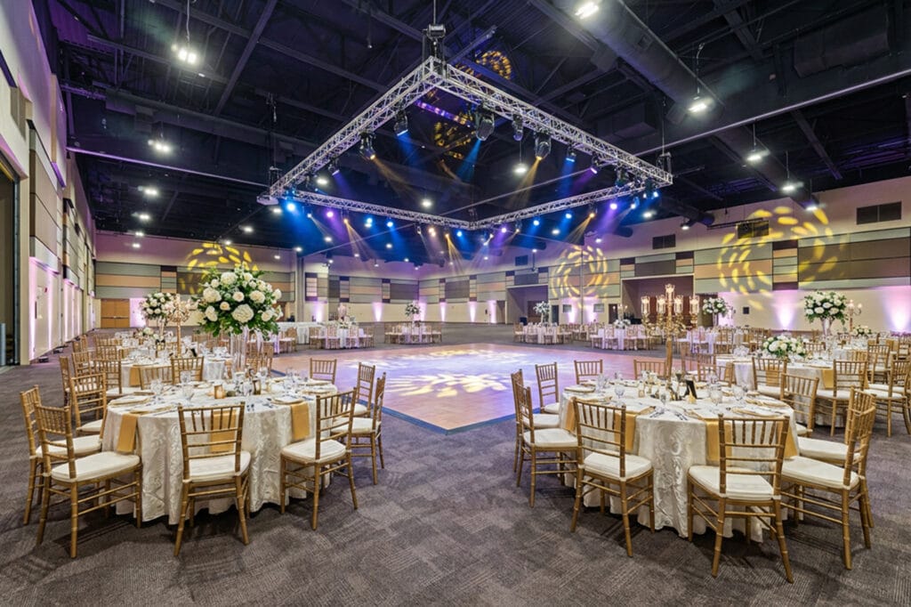 Elegant ballroom set up for an event
