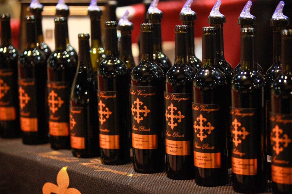 Row of elegant wine bottles on display